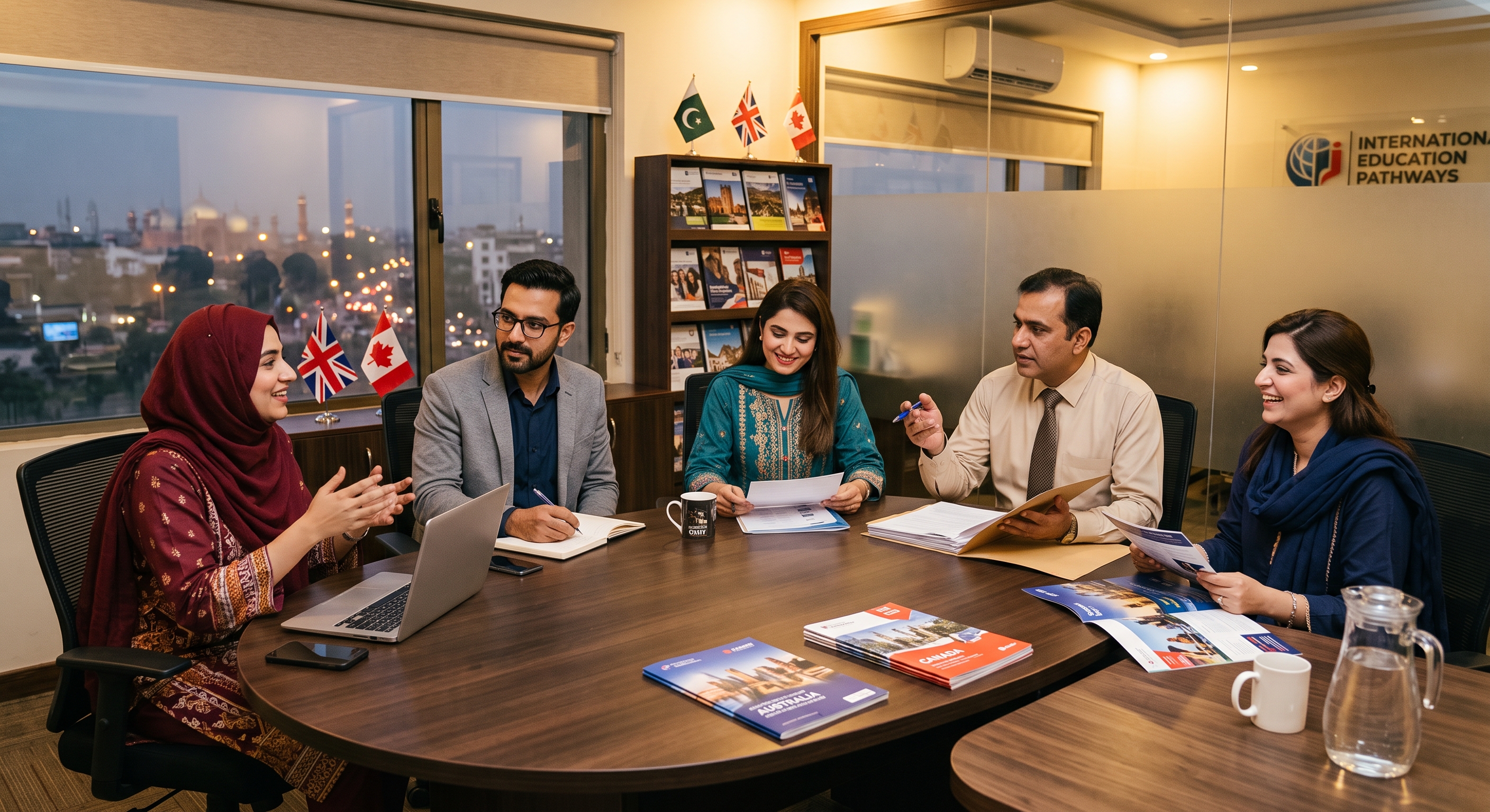 Counsellors reviewing student documents around an office table